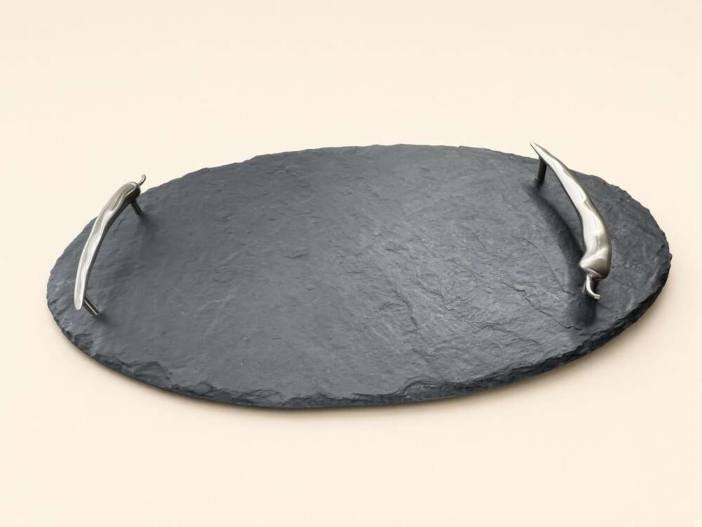 Just Slate Company Tray, Oval Natural Slate, Chili Steel Handles, Boxed Scotland